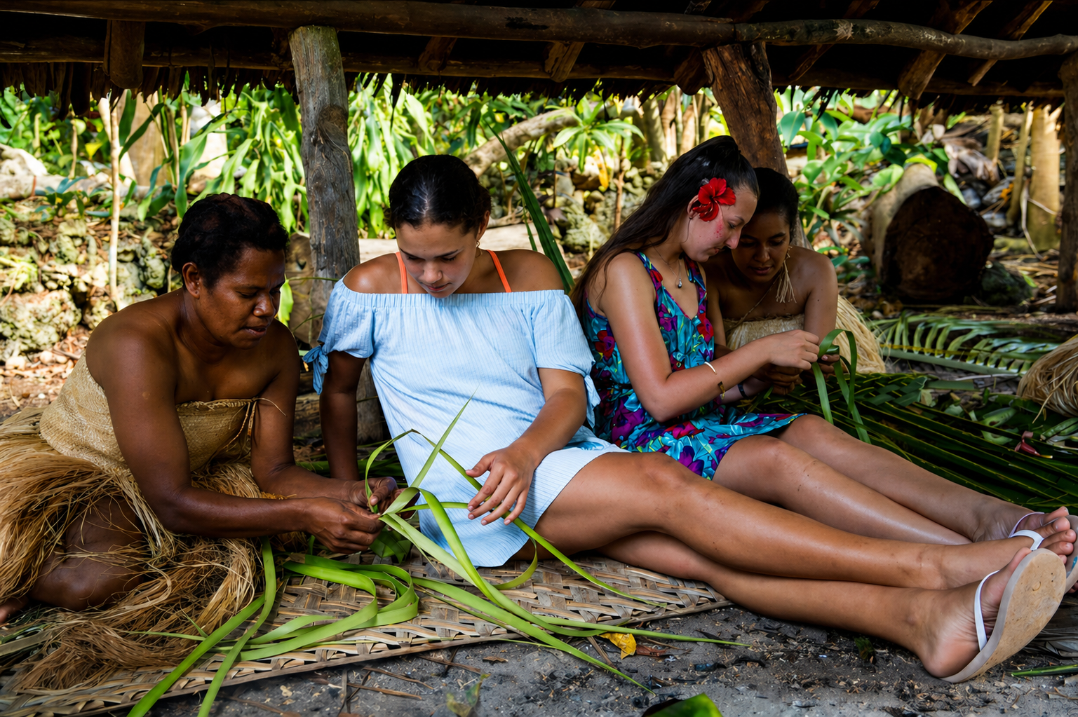 Ladies learning the traditional way of weaving